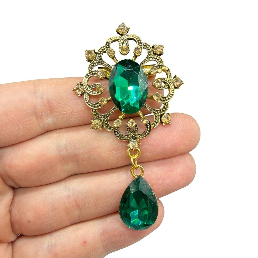Vintage Jewelry Green and Gold Tone Brooch Large Emerald Green Rhinestone Jewelr
